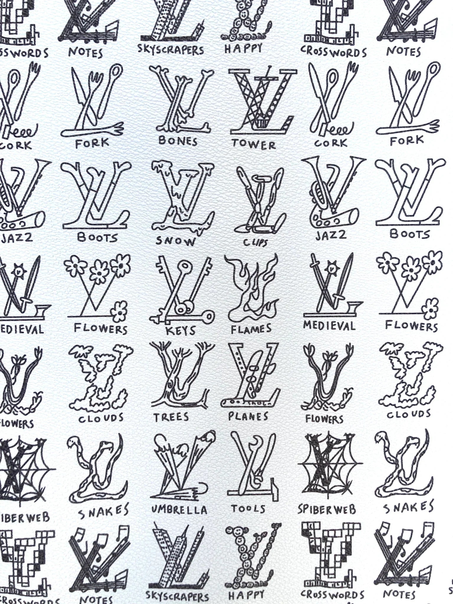 Custom Hand painted Casual LV Doodle Vinyl Leather Fabric for DIY Bag Upholstery