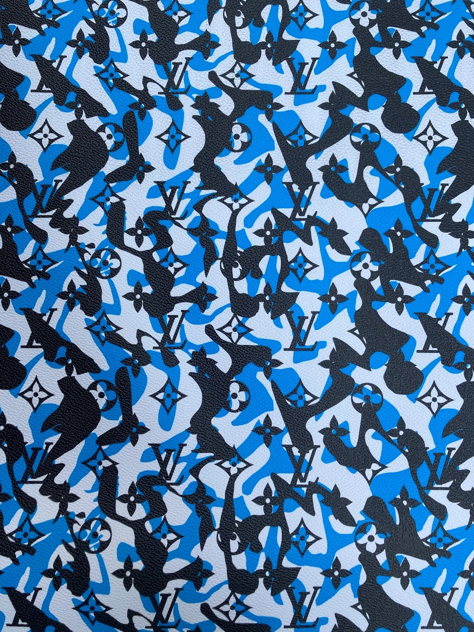 Handmade Blue Camouflage LV Vinyl Leather Fabric for Custom Sneakers